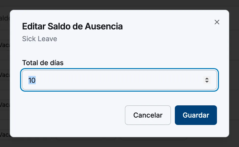 El diálogo Editar Saldo de Ausencia con el campo Total de días