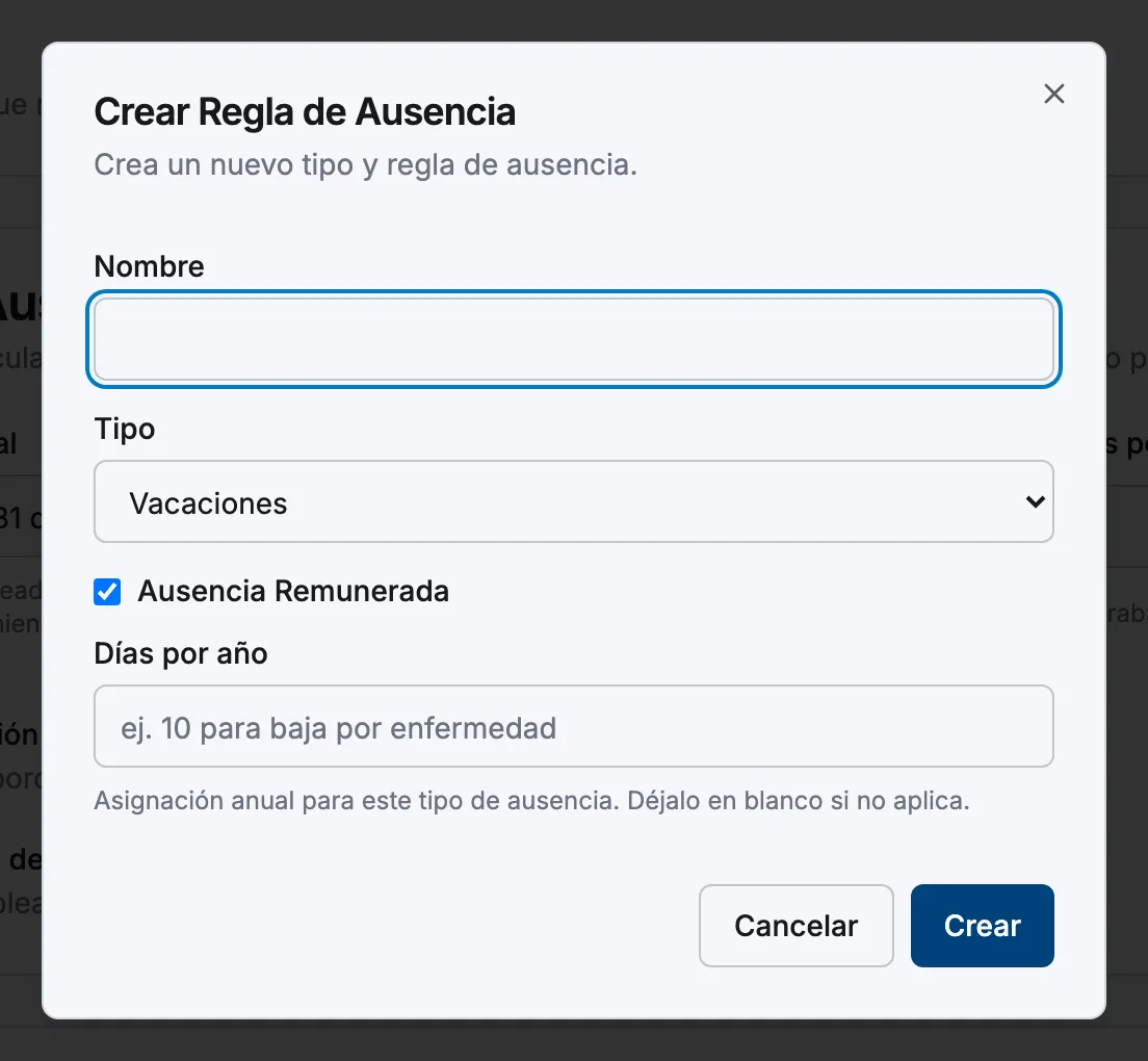 El diálogo Crear Regla de Ausencia con los campos Nombre, Tipo, Ausencia Remunerada y Días por año