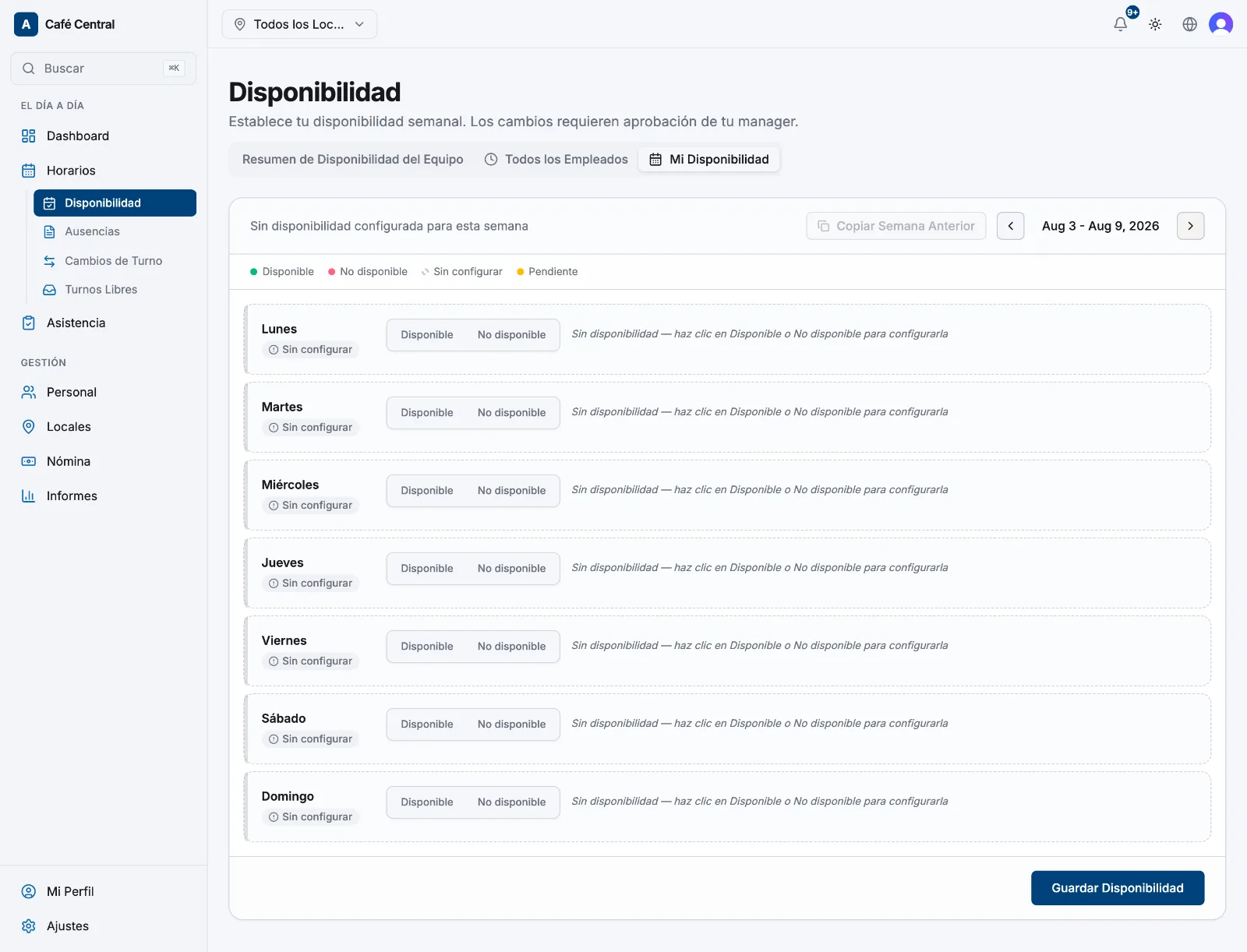 El editor semanal de disponibilidad con siete filas de días, los interruptores Disponible/No disponible y los intervalos de horas