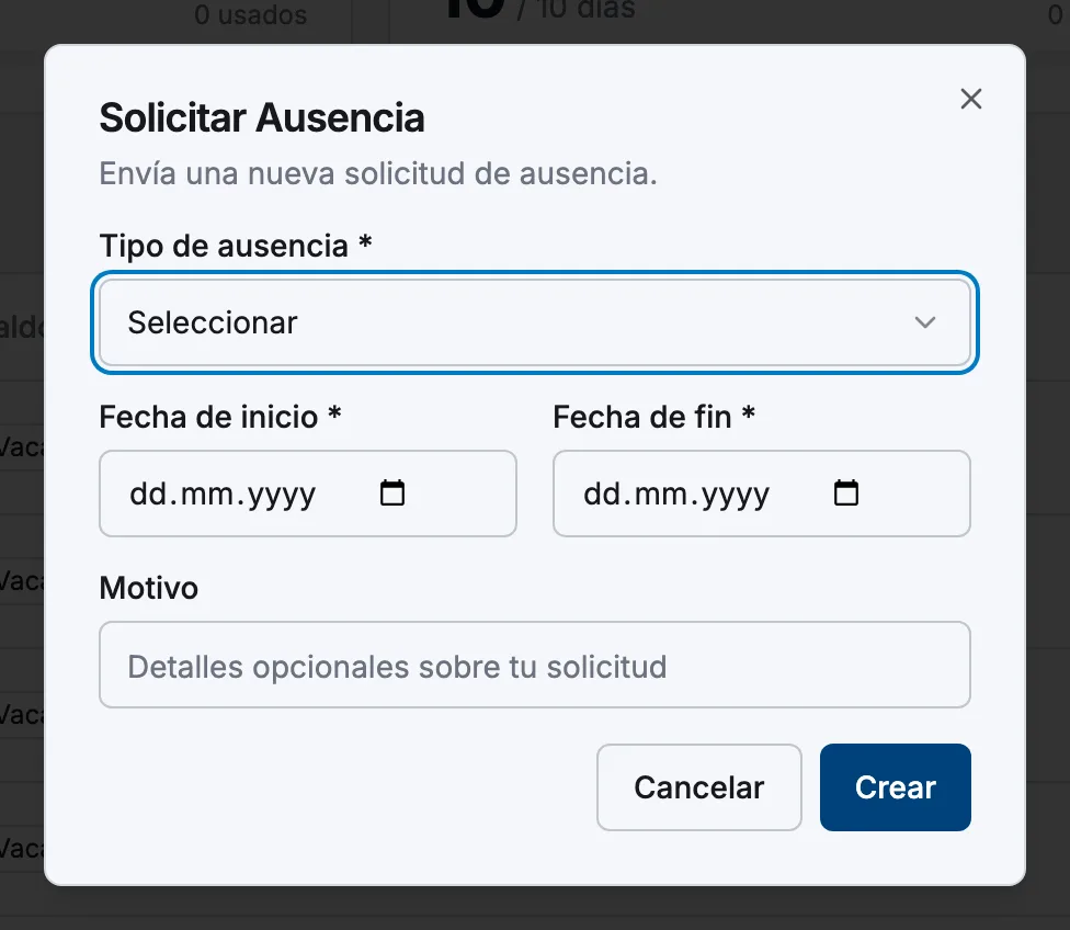 El diálogo Solicitar Ausencia con los campos Tipo de ausencia, Fecha de inicio, Fecha de fin y Motivo