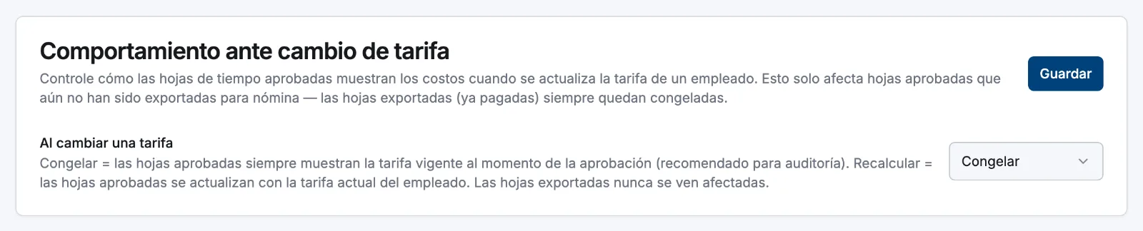 La tarjeta Comportamiento ante cambio de tarifa en los ajustes de Pago, con el selector Al cambiar una tarifa