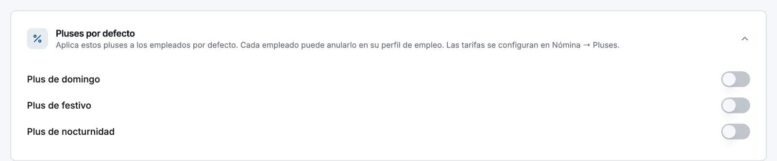 La tarjeta Pluses por defecto con los interruptores Plus de domingo, Plus de festivo y Plus de nocturnidad