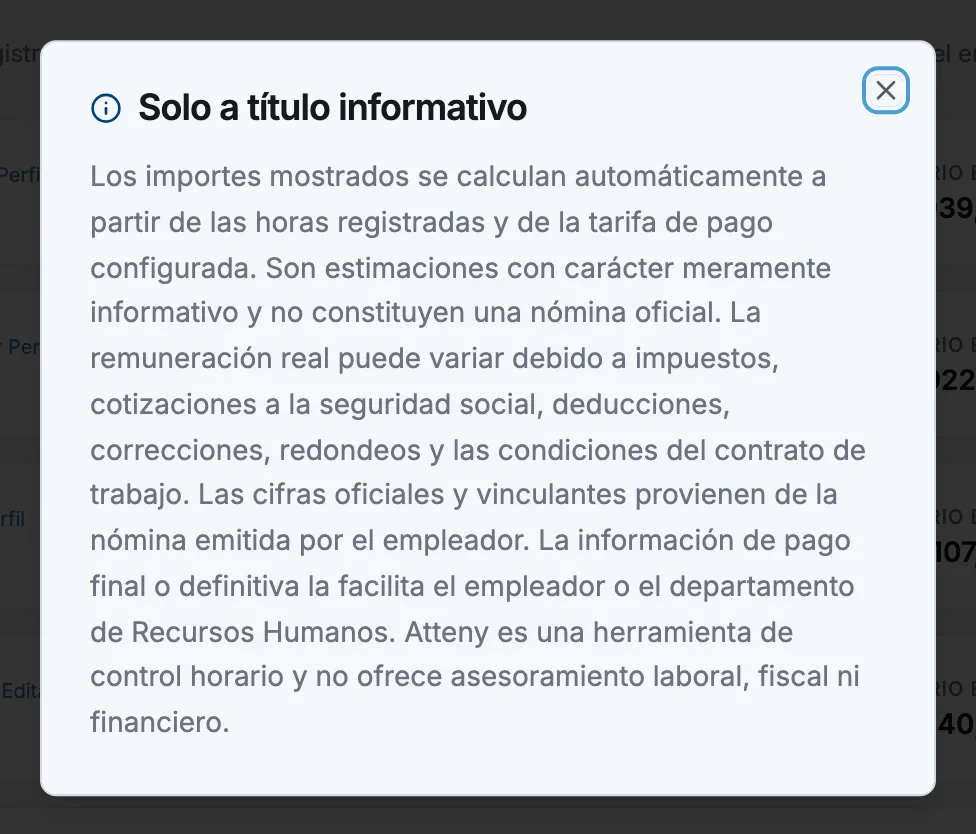 El diálogo Solo a título informativo abierto desde el enlace Detalles en la página de Nómina