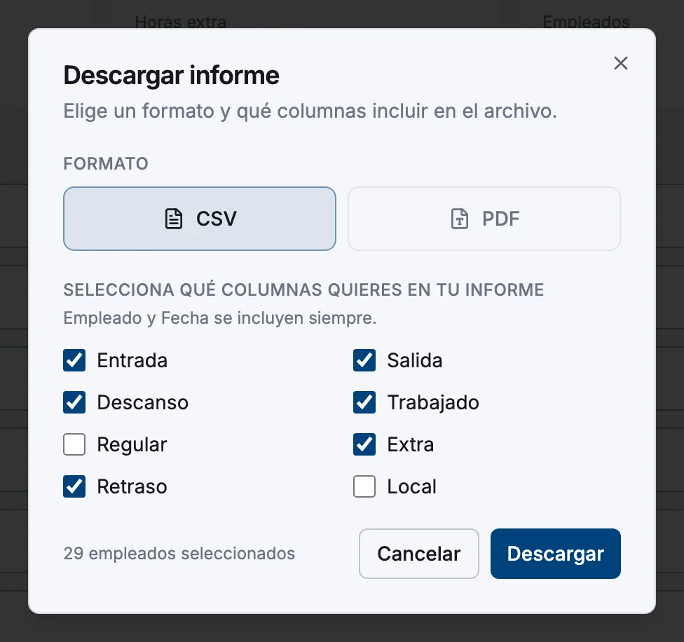 El diálogo Descargar informe con los botones de formato CSV y PDF y la rejilla de casillas de columnas