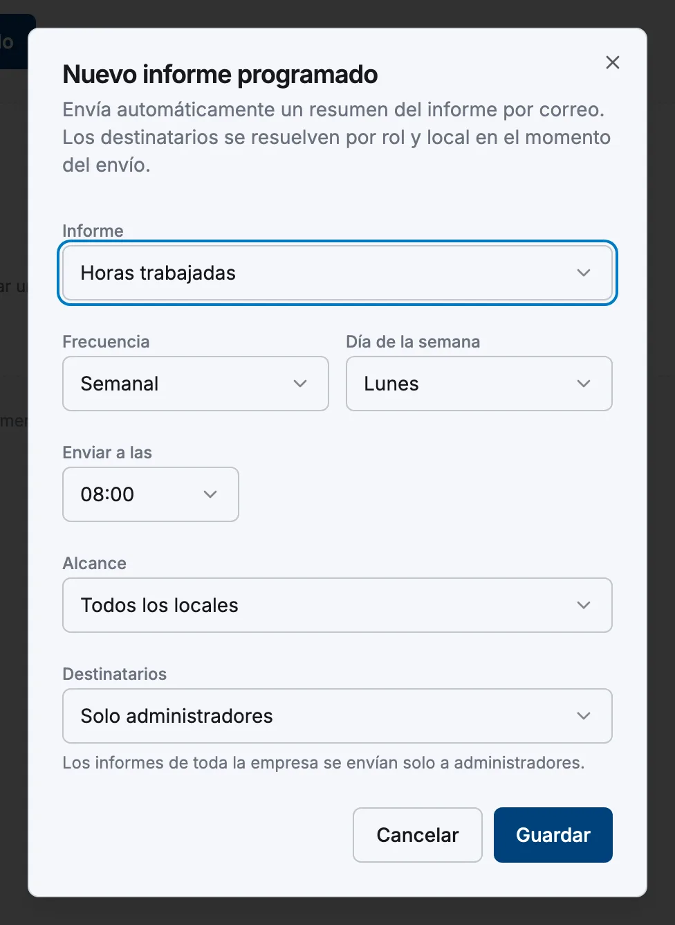 El diálogo Nuevo informe programado con los campos Informe, Frecuencia, Enviar a las, Alcance y Destinatarios