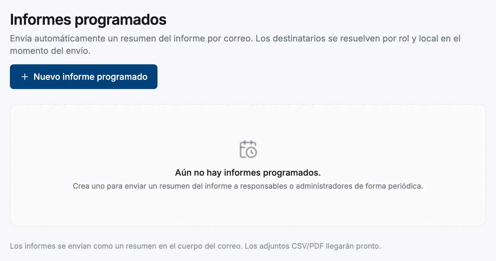 La página de ajustes de Informes programados con el botón Nuevo informe programado