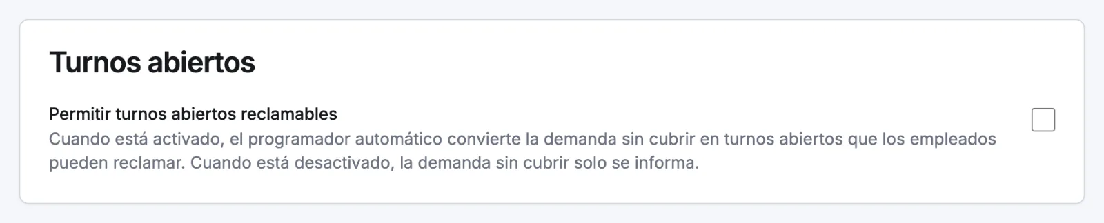 La casilla Permitir turnos abiertos reclamables en la pestaña Planificación de un local