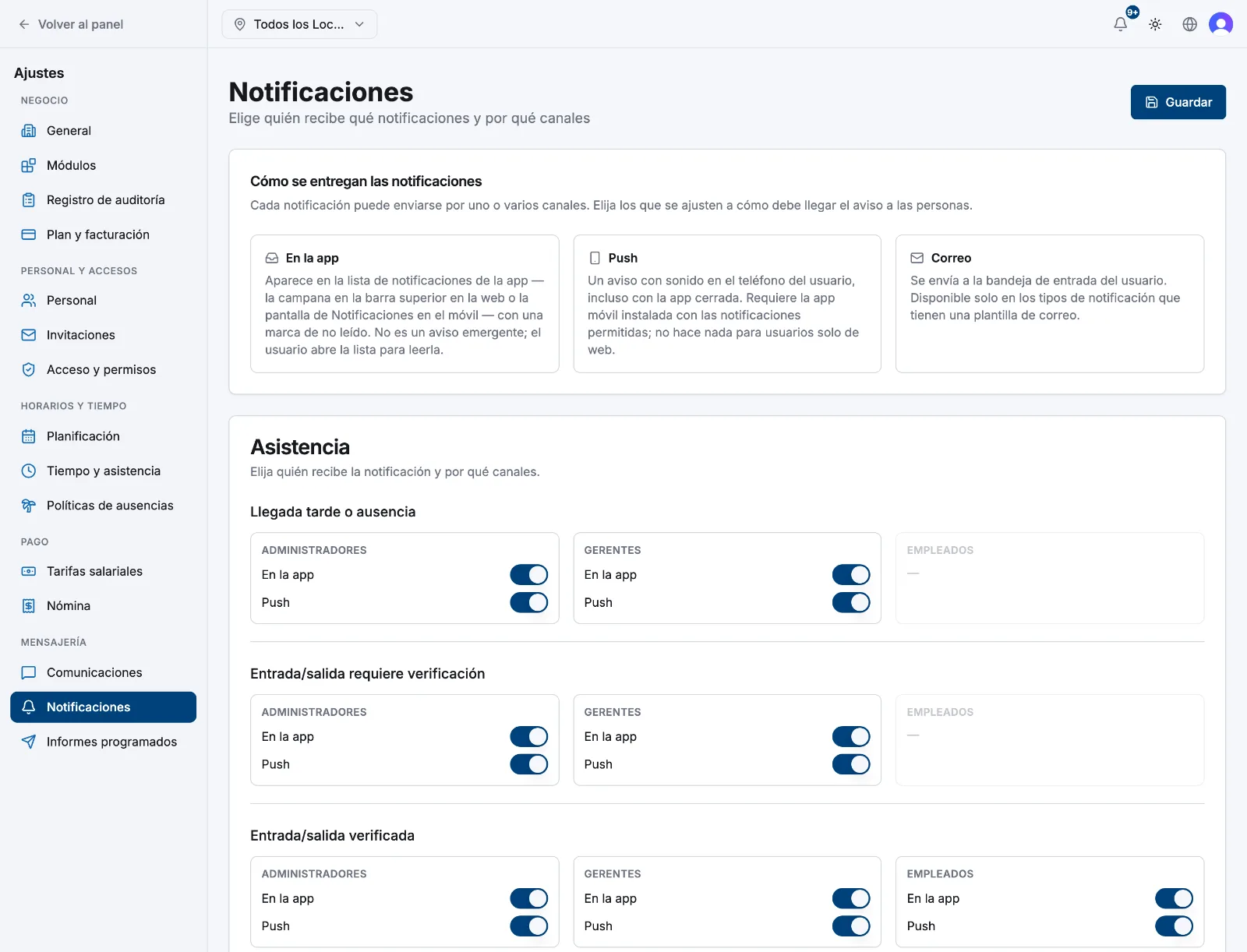 La sección Planificación de Ajustes, Notificaciones, con los interruptores En la app y Push por rol