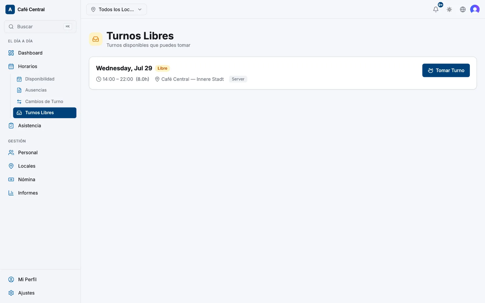 La página de Turnos Libres con los turnos reclamables y un botón Tomar Turno en cada tarjeta