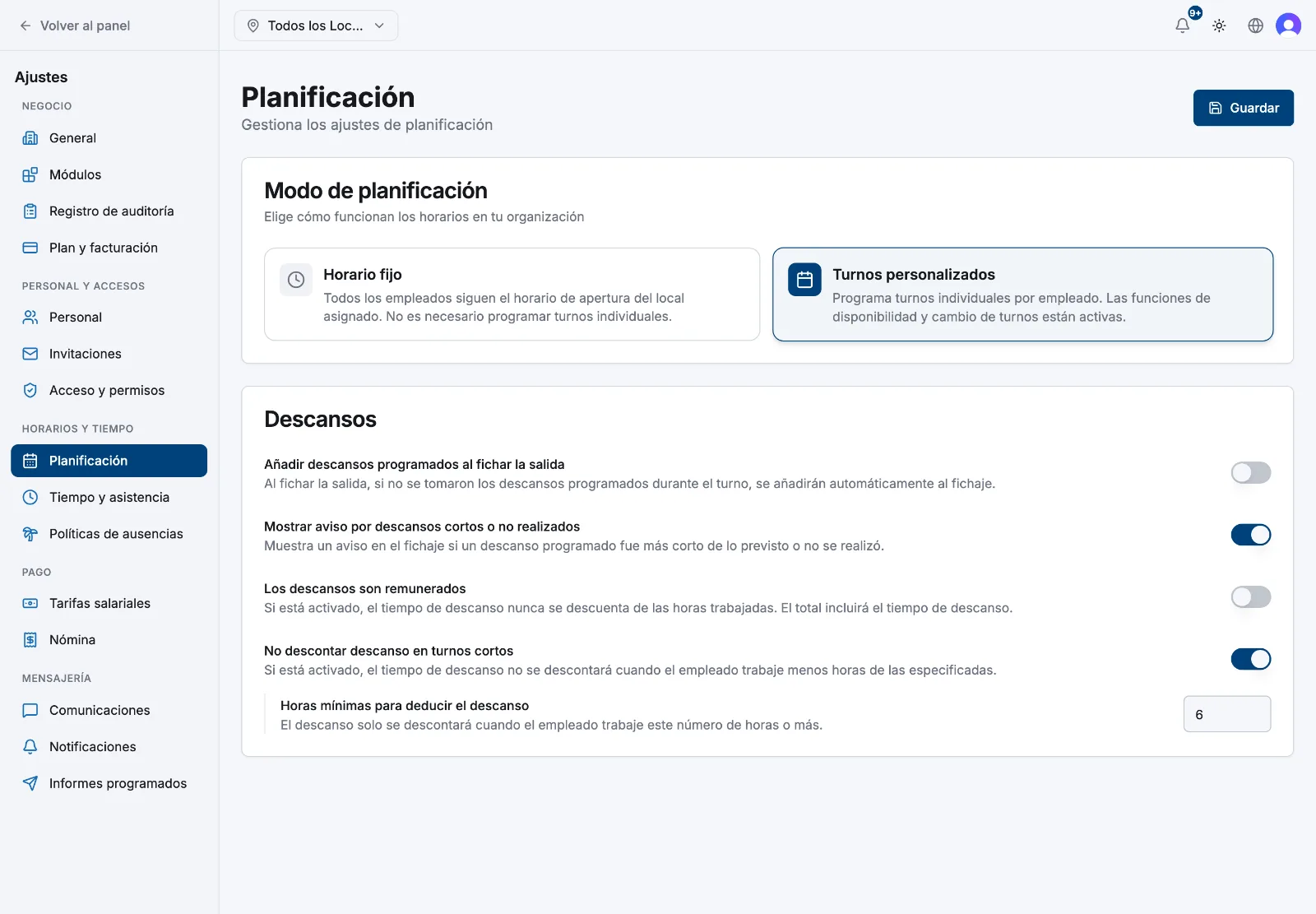 La página de ajustes de Planificación con las tarjetas Horario fijo y Turnos personalizados