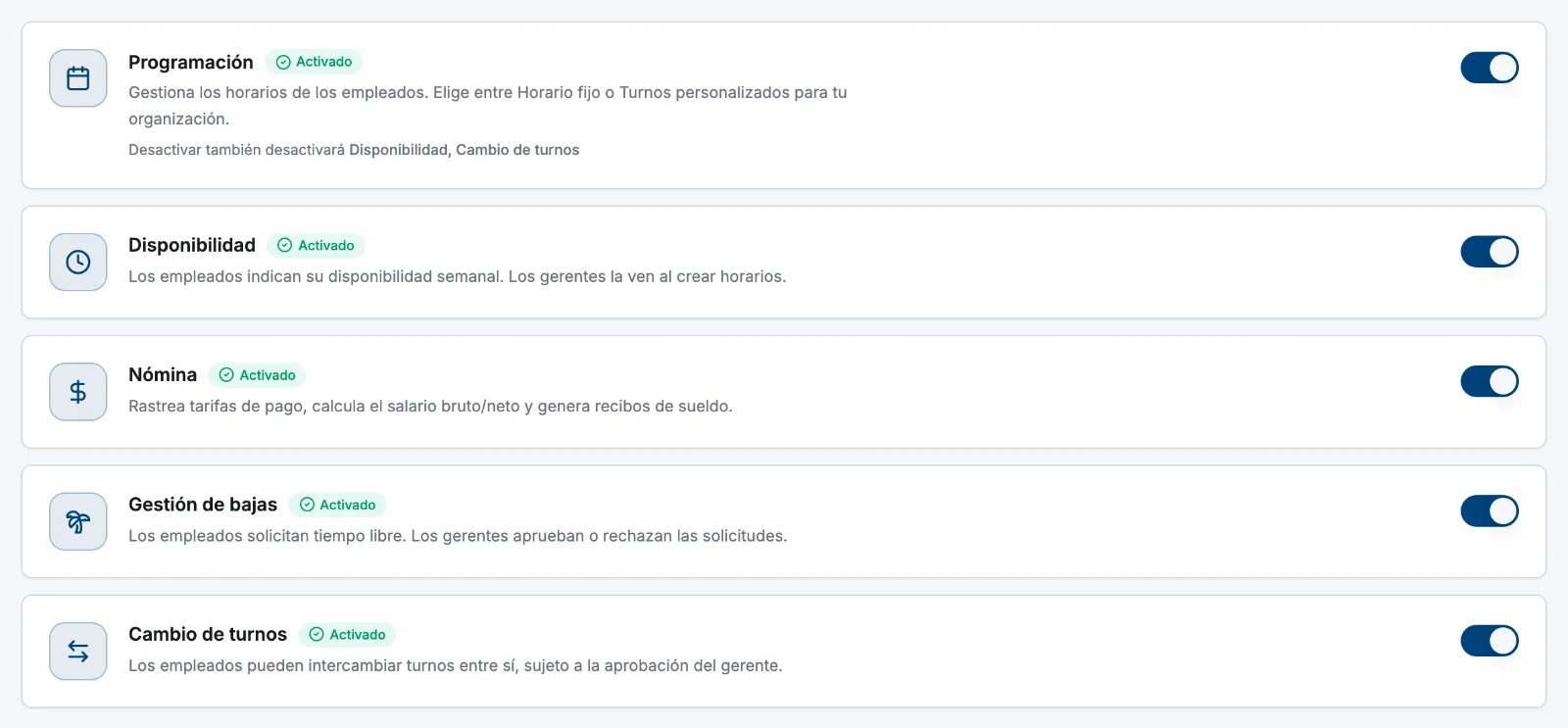 Las cinco tarjetas de módulo en la página de ajustes de Módulos, con las etiquetas Activado y Desactivado y los avisos de dependencia