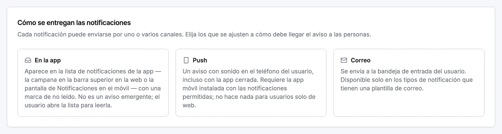 La tarjeta Cómo se entregan las notificaciones en la página de ajustes de Notificaciones, con las descripciones de En la app, Push y Correo