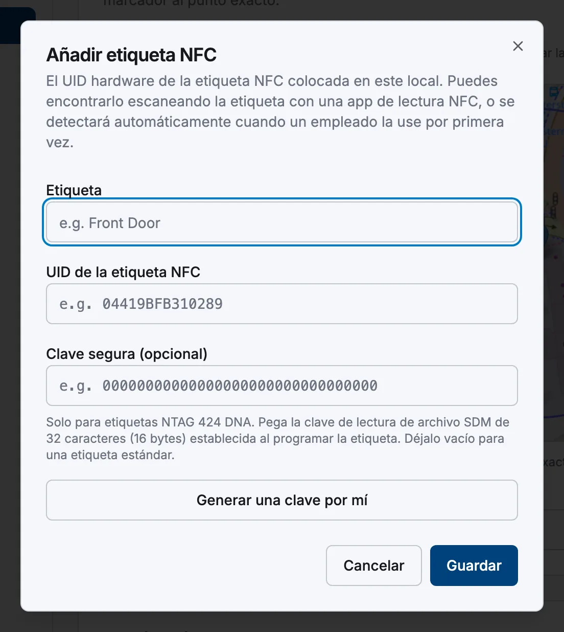 El cuadro de diálogo Añadir etiqueta NFC con los campos Etiqueta, UID de la etiqueta NFC y Clave segura