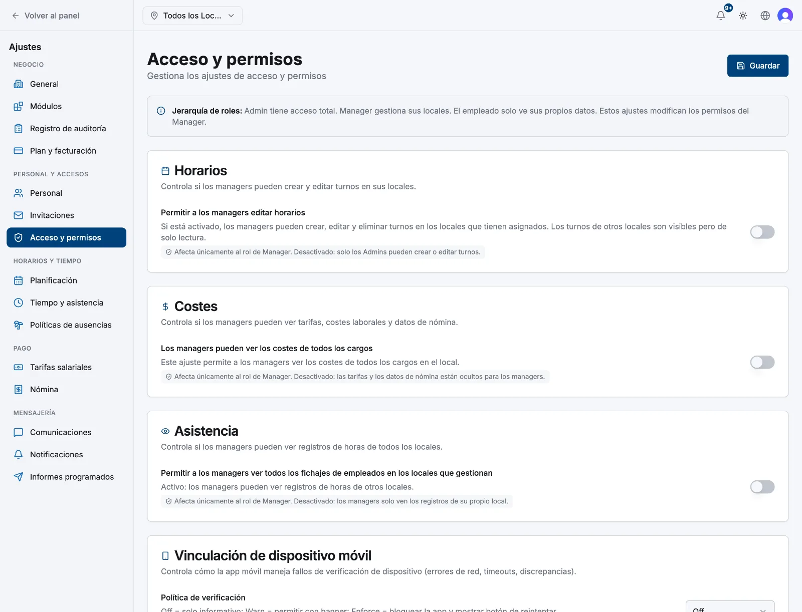 La página de ajustes de Acceso y permisos con los interruptores de manager para Horarios, Costes y Asistencia