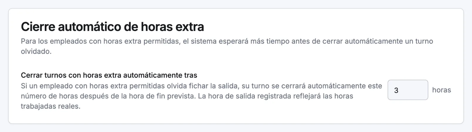 Los ajustes de Cierre automático de horas extra y Cierre automático sin horario en la pestaña Asistencia de un local