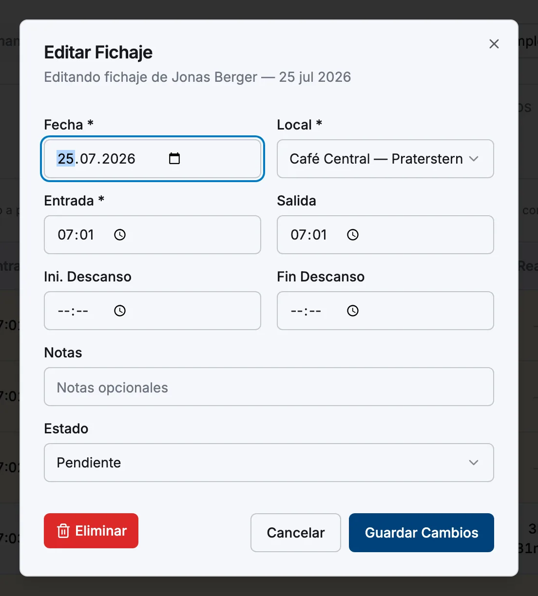 El cuadro de diálogo Editar Fichaje con los campos de fecha, local, entrada, salida y descanso