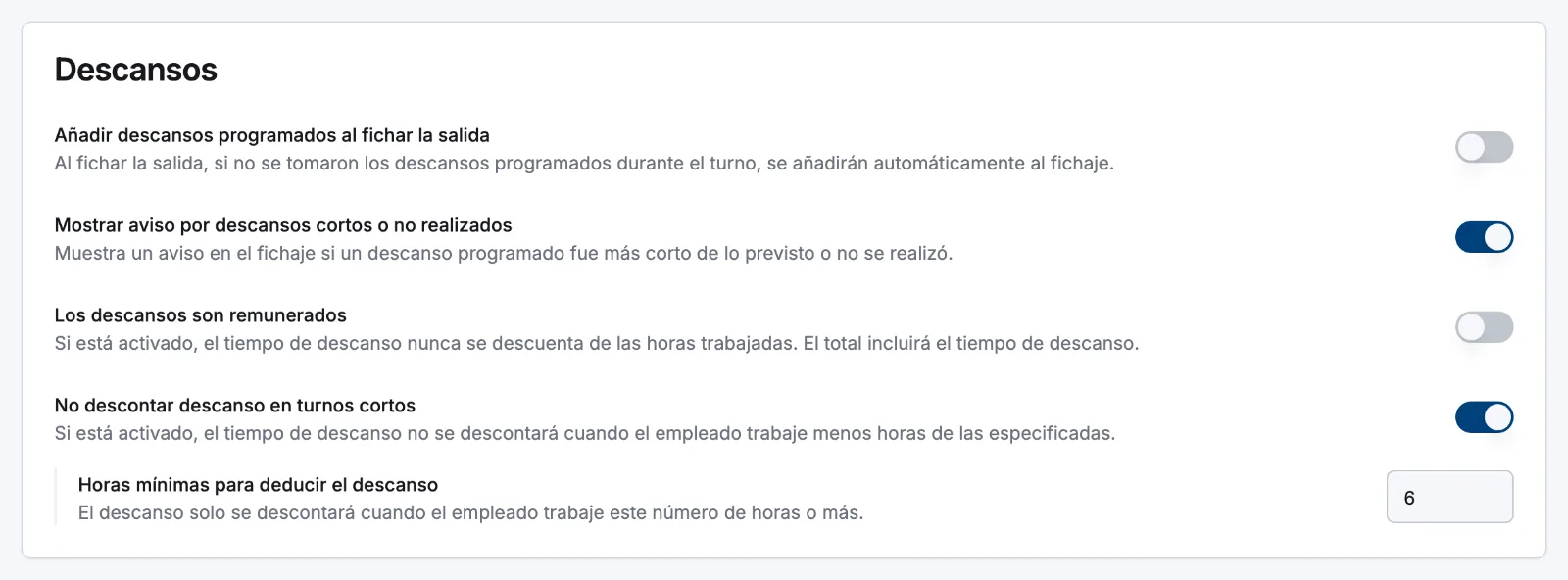 La sección Descansos de Ajustes → Planificación con los interruptores de descansos remunerados, deducción y avisos