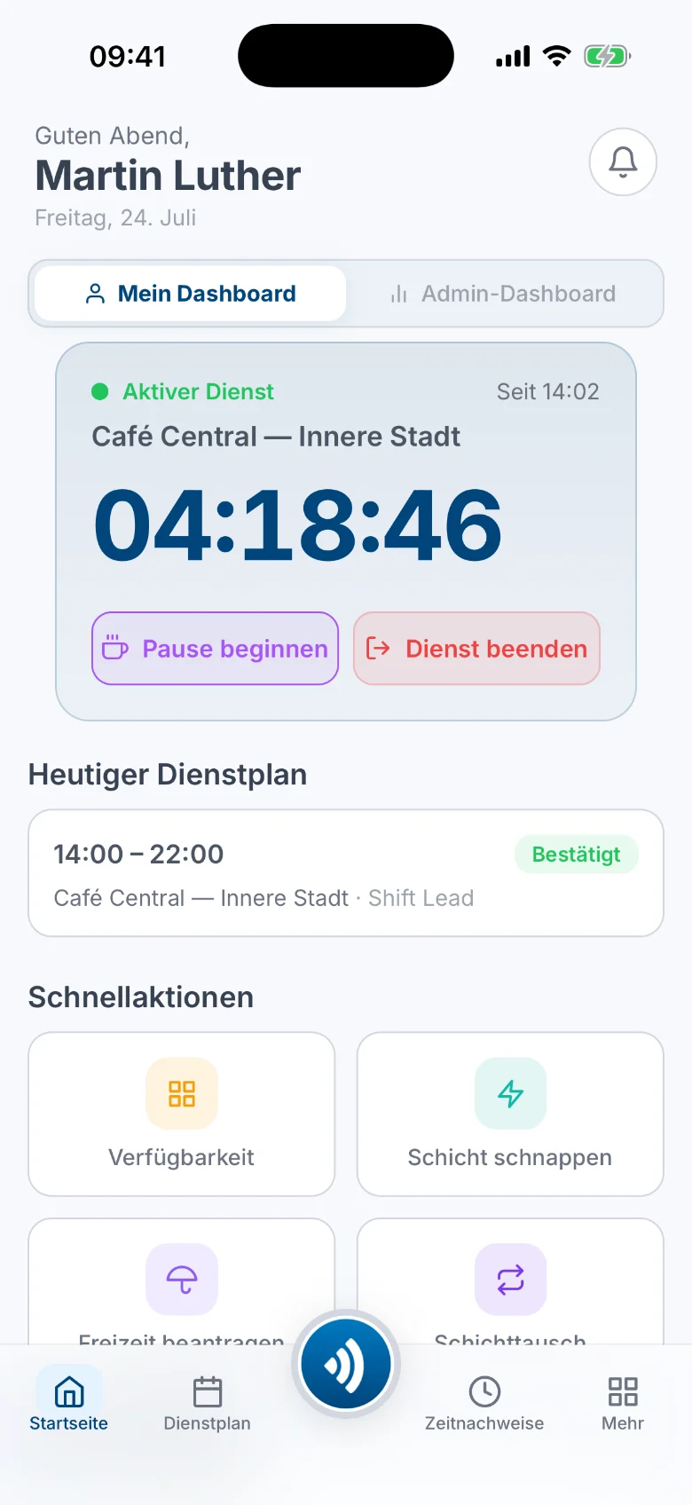 Der mobile Atteny-Startbildschirm mit aktivem Dienst, Live-Timer und Buttons für Pause und Dienstende