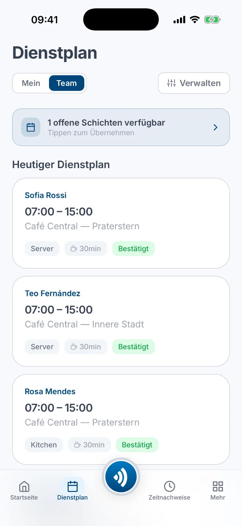 Der mobile Atteny-Team-Dienstplan mit den heutigen bestätigten Diensten über alle Standorte