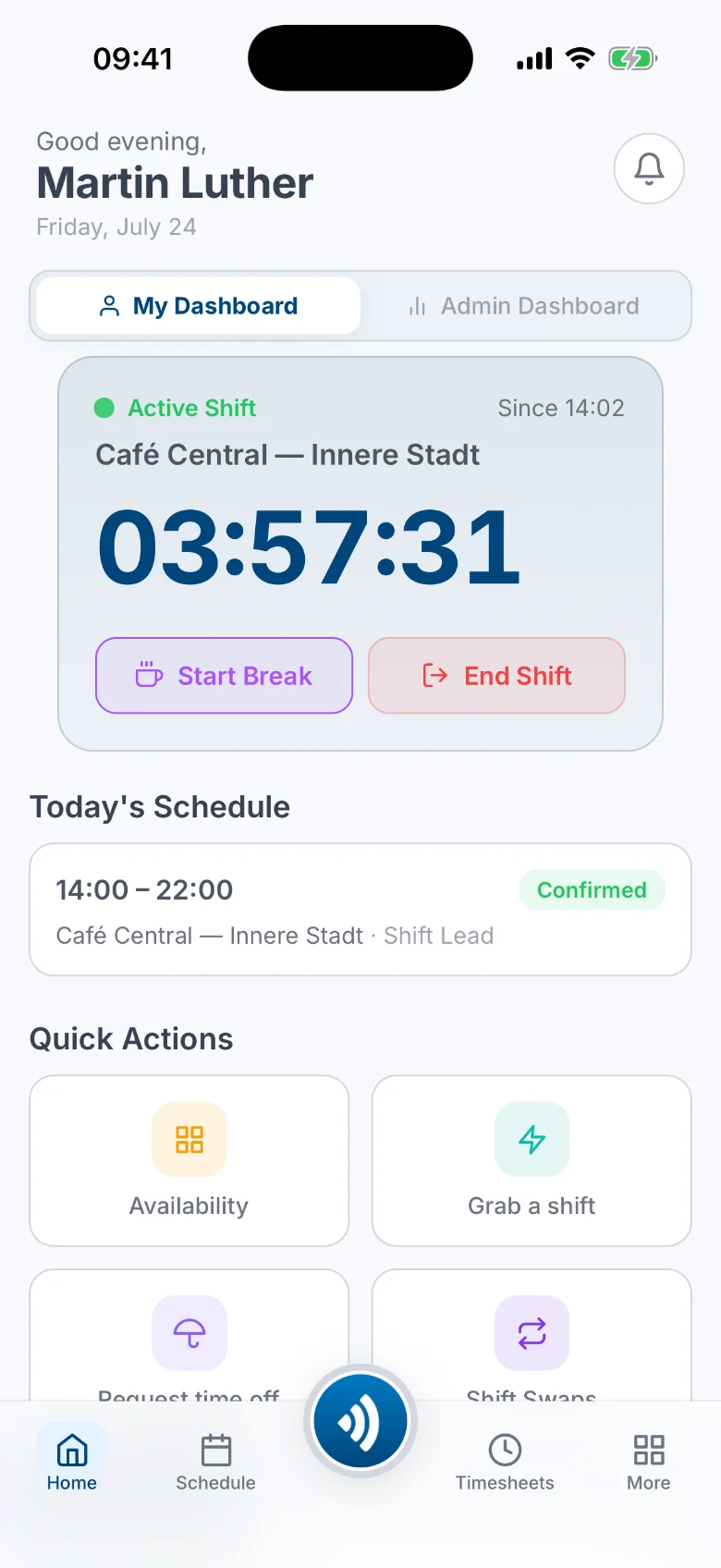 The Atteny mobile home screen with an active shift, a live timer and buttons to start a break or end the shift