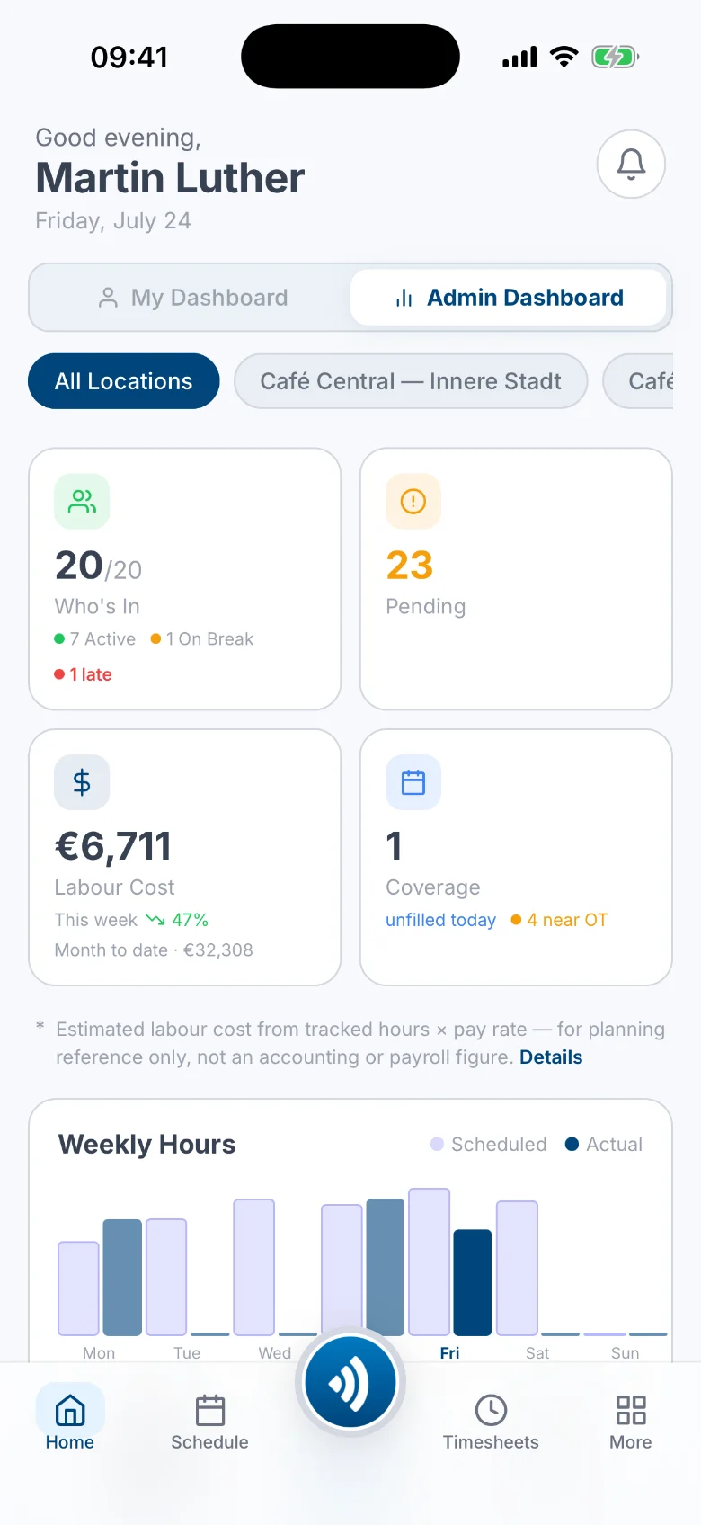 The Atteny mobile admin dashboard: who's in, pending approvals, labour cost and a weekly hours chart