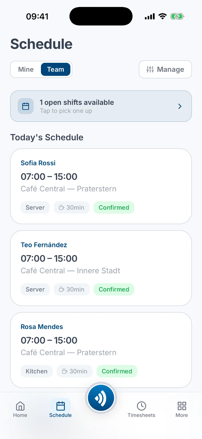 The Atteny mobile team schedule showing today's confirmed shifts across locations