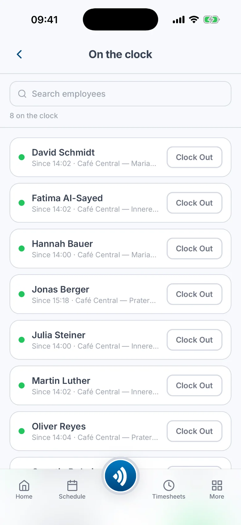 The Atteny mobile who's-in screen listing the team members currently clocked in, each with a clock-out button