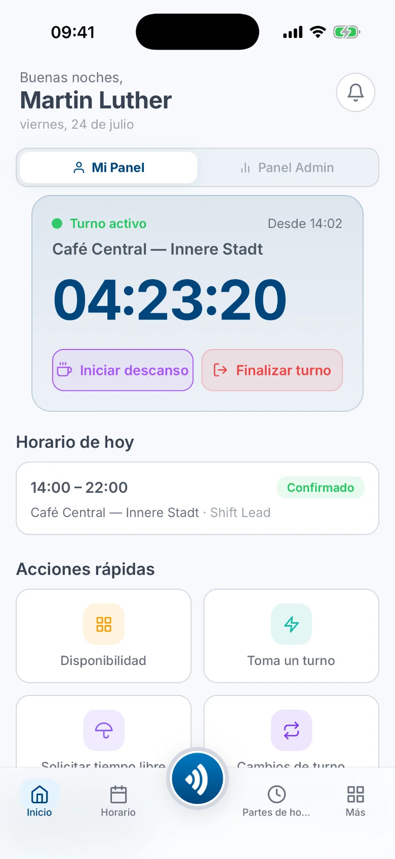 La pantalla de inicio móvil de Atteny con un turno activo, cronómetro en vivo y botones para iniciar descanso y finalizar turno