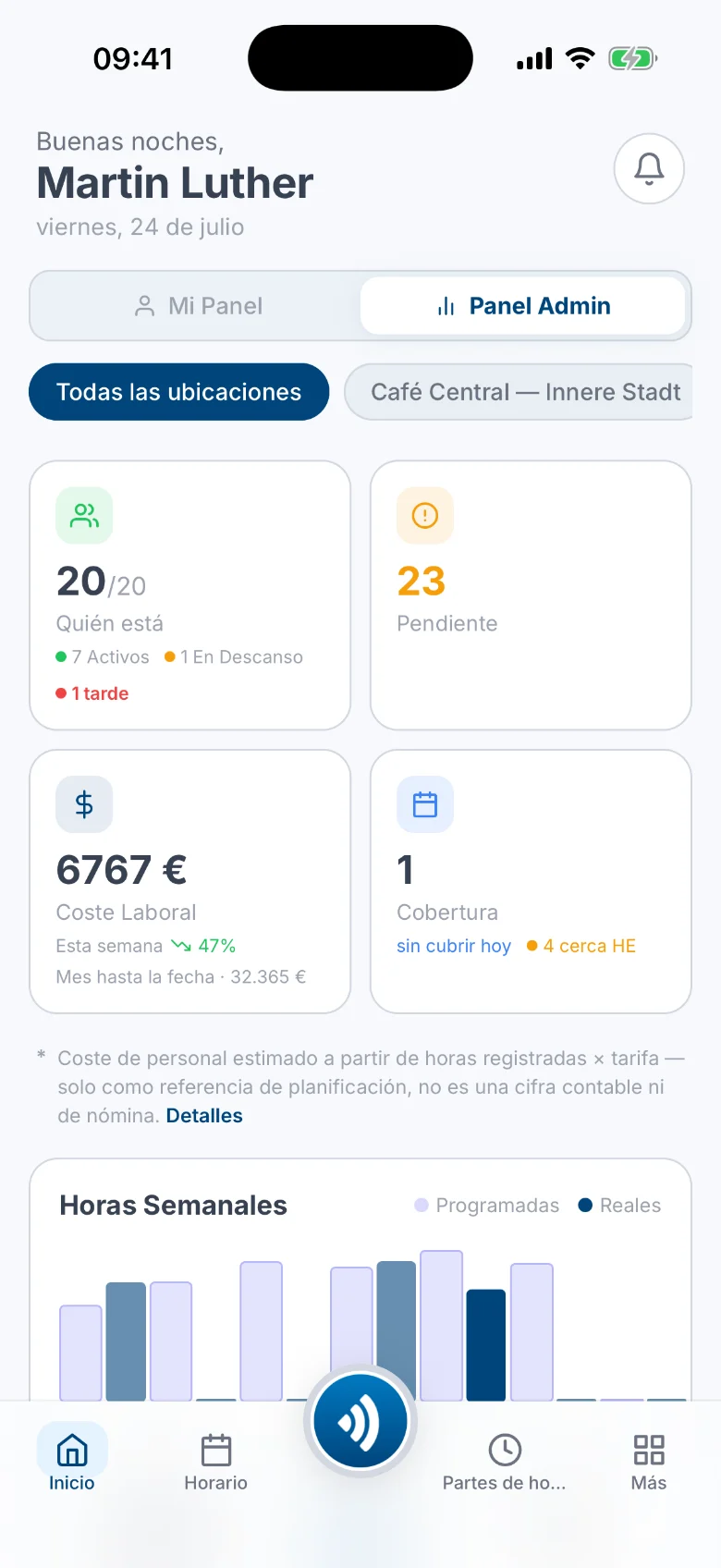 El panel de administración móvil de Atteny: quién está, aprobaciones pendientes, coste laboral y gráfico de horas semanales