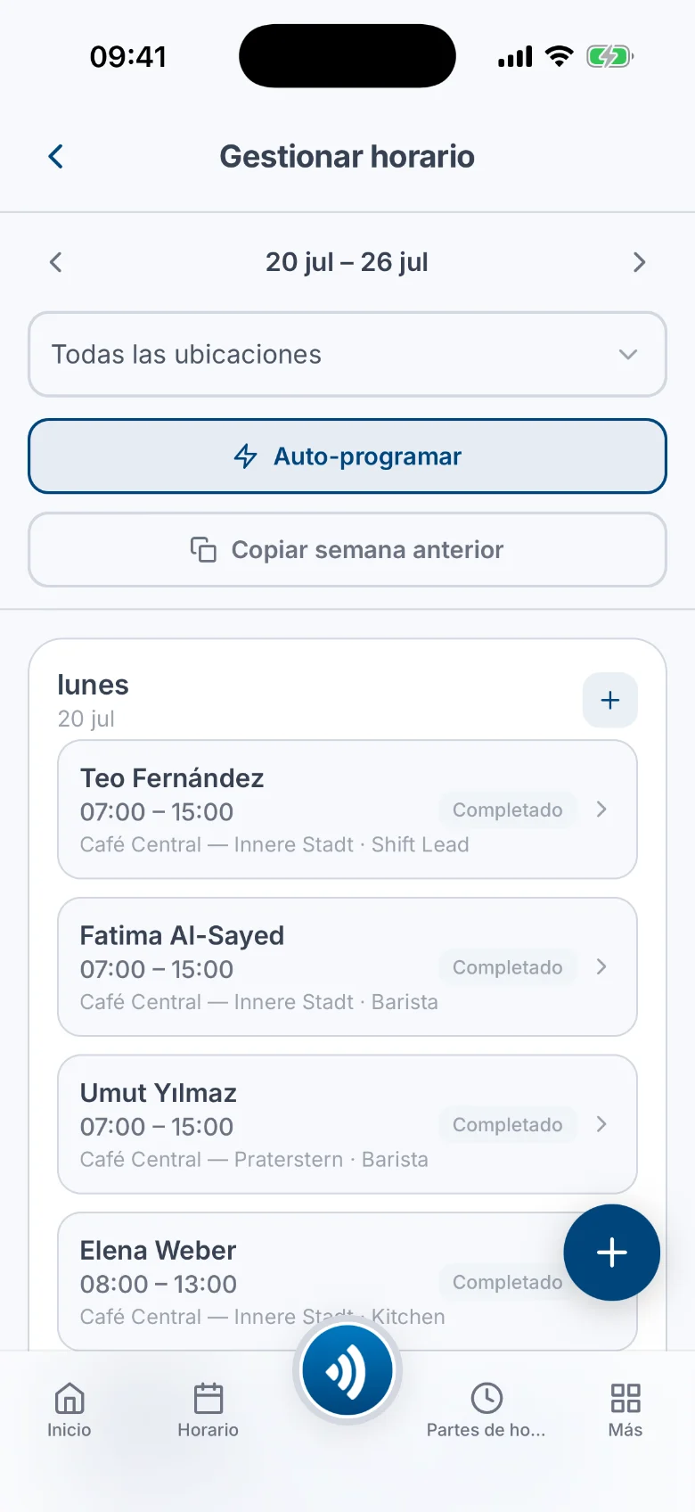 El gestor de horarios móvil de Atteny con auto-programar y copiar la semana anterior